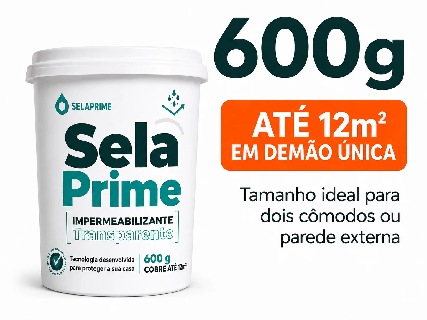 Pote de 600g do selante impermeabilizante transparente SelaPrime e seu rendimento