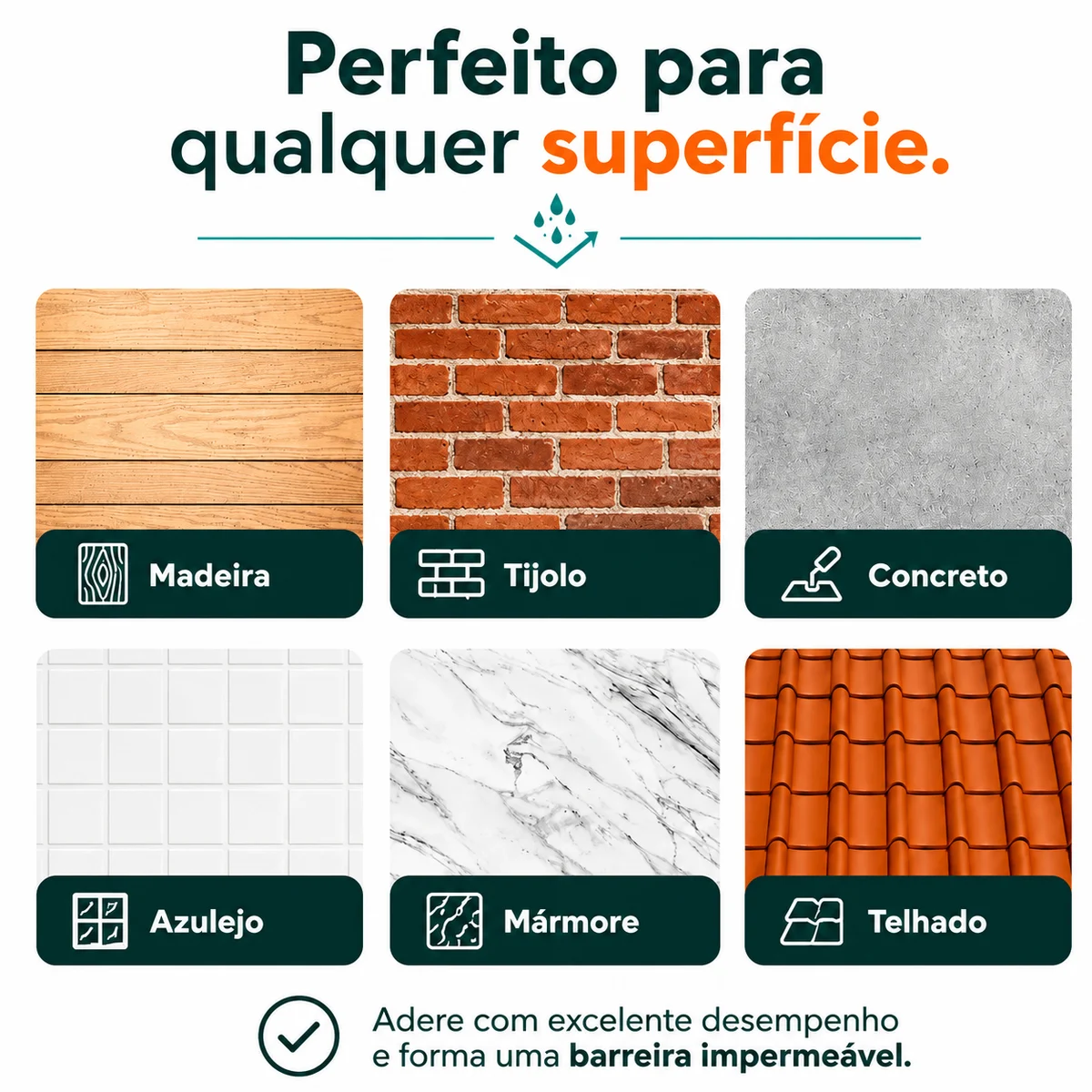 Infográfico das superfícies compatíveis com o SelaPrime: madeira, tijolo, concreto, azulejo, mármore e telhado